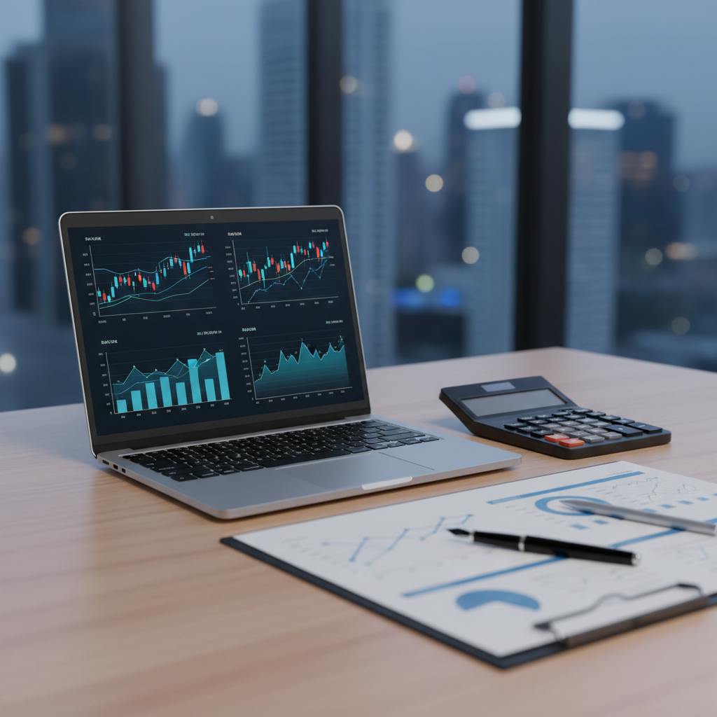 A clean, modern office desk with a laptop displaying financial charts, calculator, and documents, financial analytics concept style, 4k