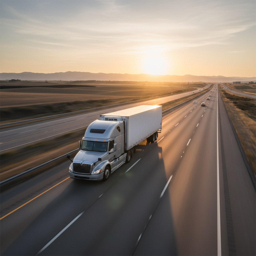 Commercial semi-truck on a highway, motion blur, logistics concept, cargo transport at sunrise