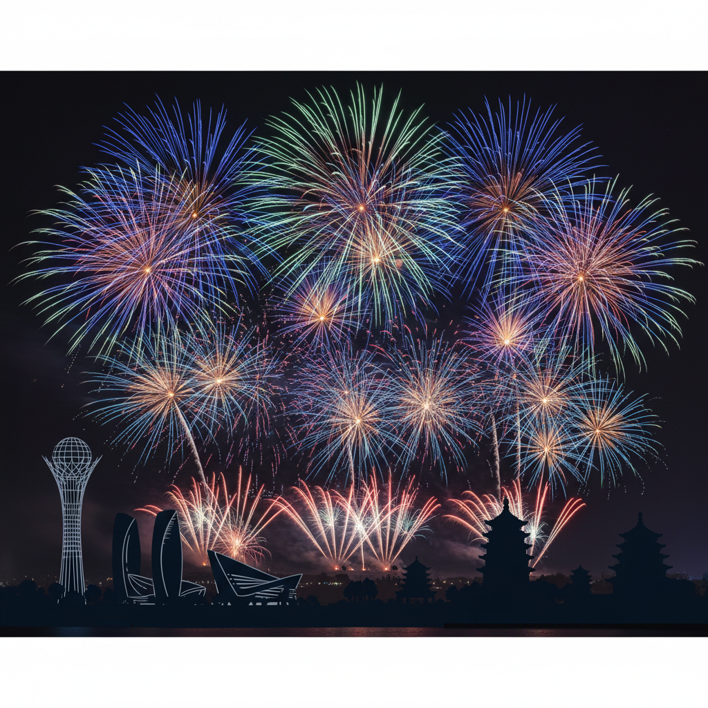 Night sky with colorful fireworks over a stylized silhouette of Astana Baiterek and Changzhou landmarks, celebration concept