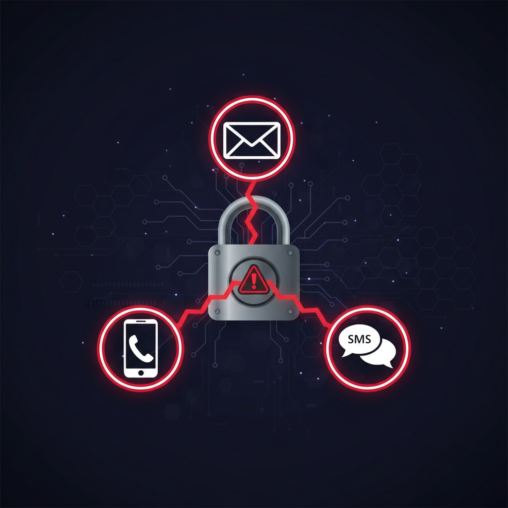 Conceptual illustration of digital threats, icons of email, phone, and sms messages connected by red warning lines to a locked padlock, dark background, infographic style