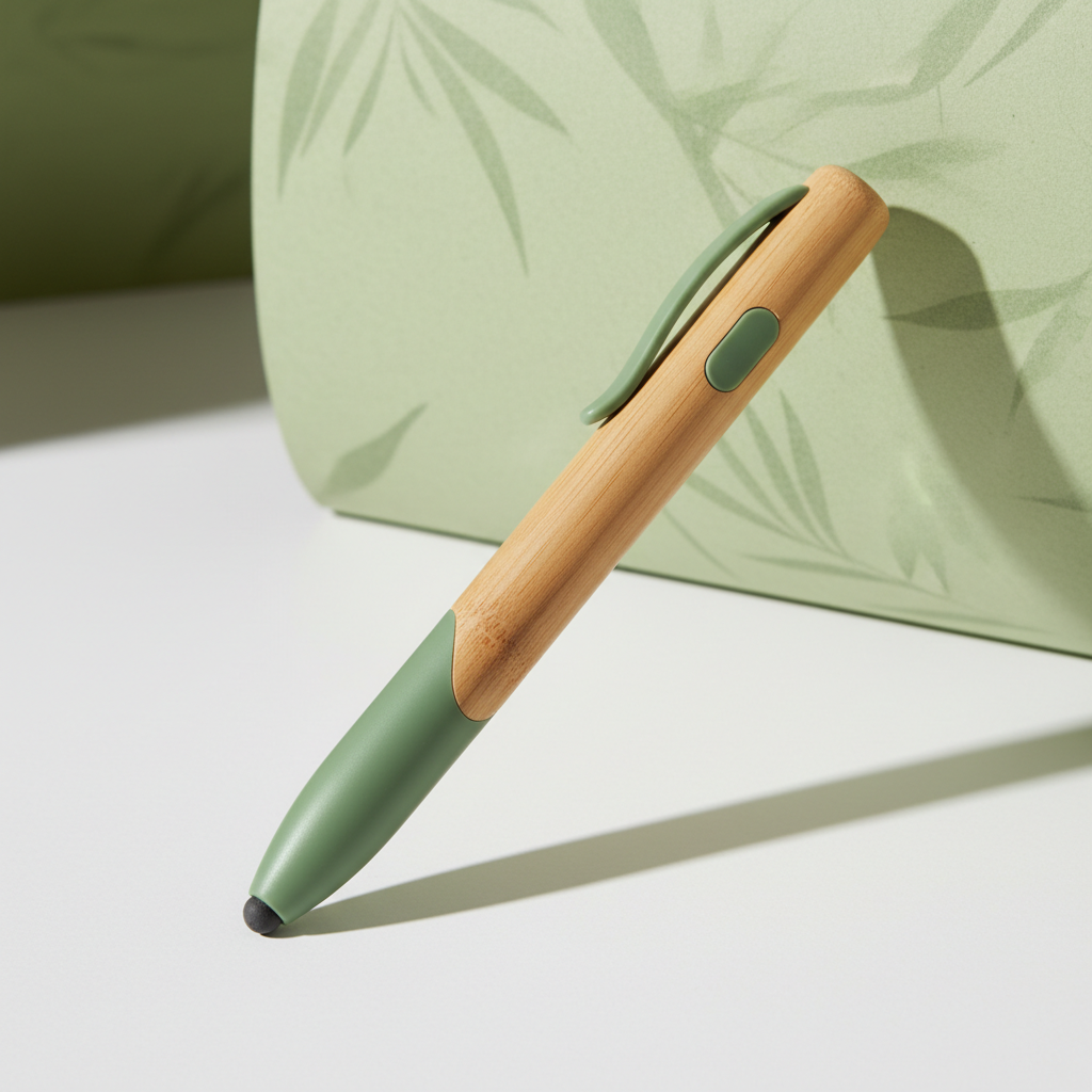 realistic high-end product photography of a sleek smart pen made of recycled bamboo and recycled green plastic, studio lighting, soft shadows, eco-friendly technology concept