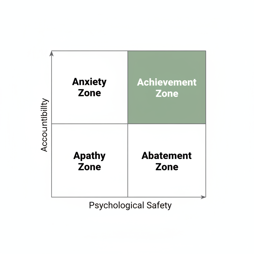 clean modern 2x2 matrix diagram graphic. X-axis label 'Psychological Safety', Y-axis label 'Accountability'. Top Right quadrant colored green labelled 'Achievement Zone'. Top Left 'Anxiety Zone'. Bottom Right 'Abatement Zone'. Bottom Left 'Apathy Zone'. White background.