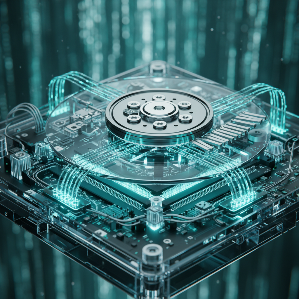 Internal close-up of a futuristic glowing hard drive mechanism, microchips, data flowing as light, teal and silver colors, macro photography style