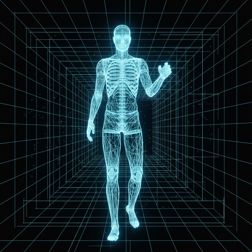 Wireframe mannequin or architectural skeleton structure, translucent, glowing lines against dark background, blueprint style 3d render
