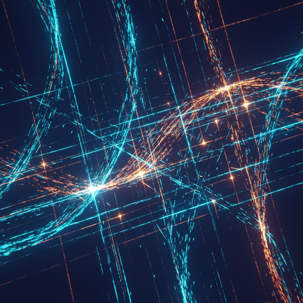 Abstract digital art representing multithreading, parallel lines of light intersecting and flowing in synchronization, cyan and orange neon style.