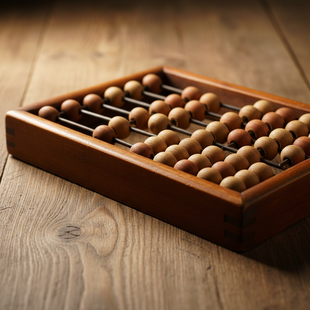 Russian abacus (schoty) made of wood on a wooden table, cozy lighting, closeup, realistic