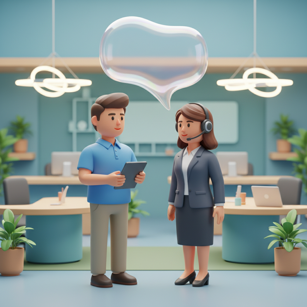 3D illustration of customer speaking to representative, dialogue bubble
