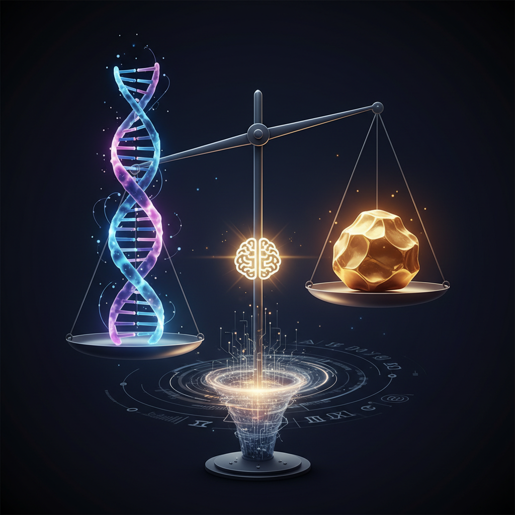 Abstract representation of ethics in science, a balance scale with a DNA helix on one side and a gold weight on the other, dark background, conceptual art