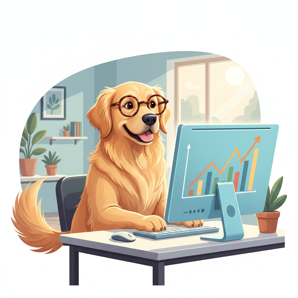 Fun illustration of a golden retriever dog wearing glasses looking happily at a computer screen.