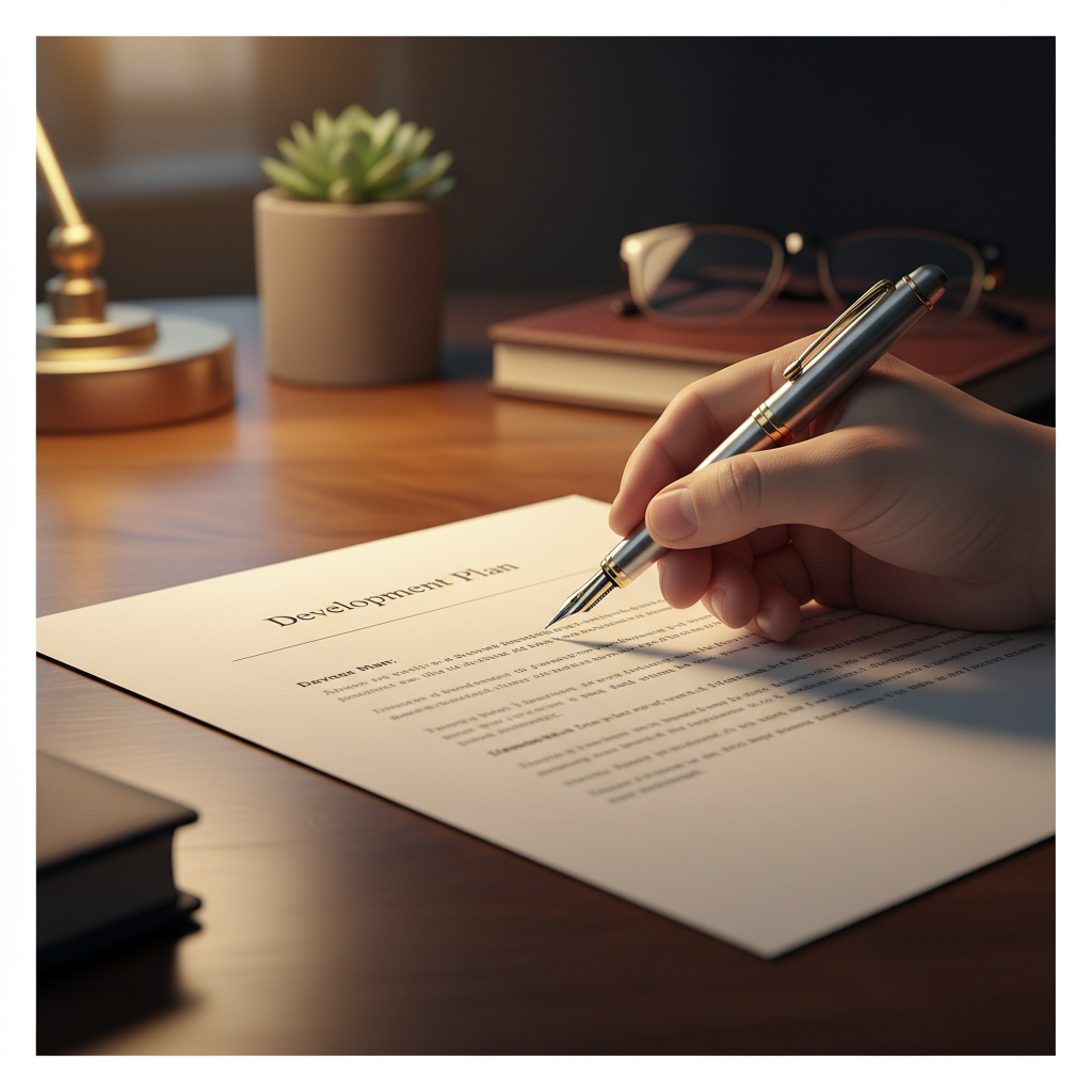 Close-up of a hand writing on a professional document named Development Plan with a high-end pen, desk setting, shallow depth of field, warm lighting