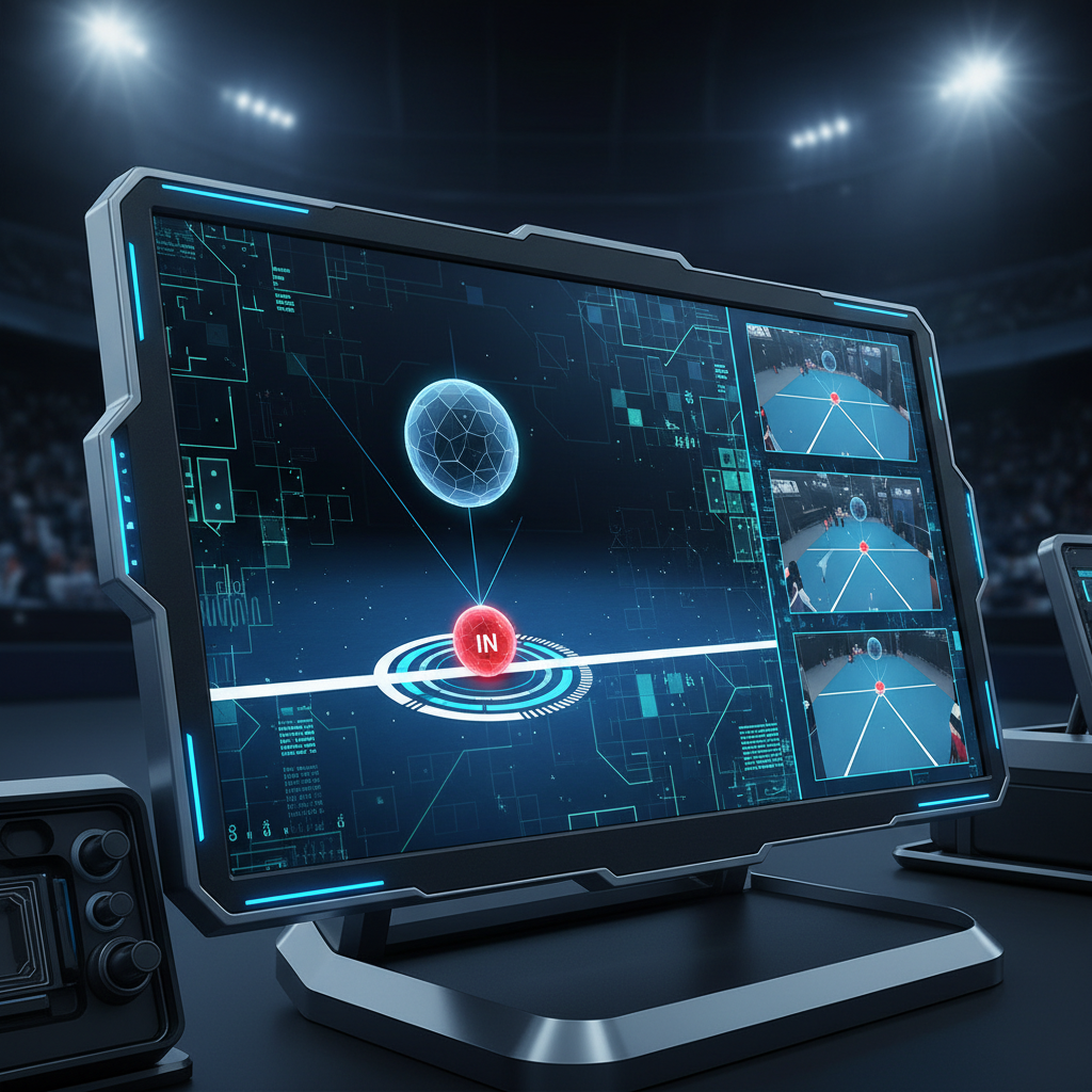 Modern volleyball video challenge system monitor showing ball line impact, digital interface, high tech sport equipment