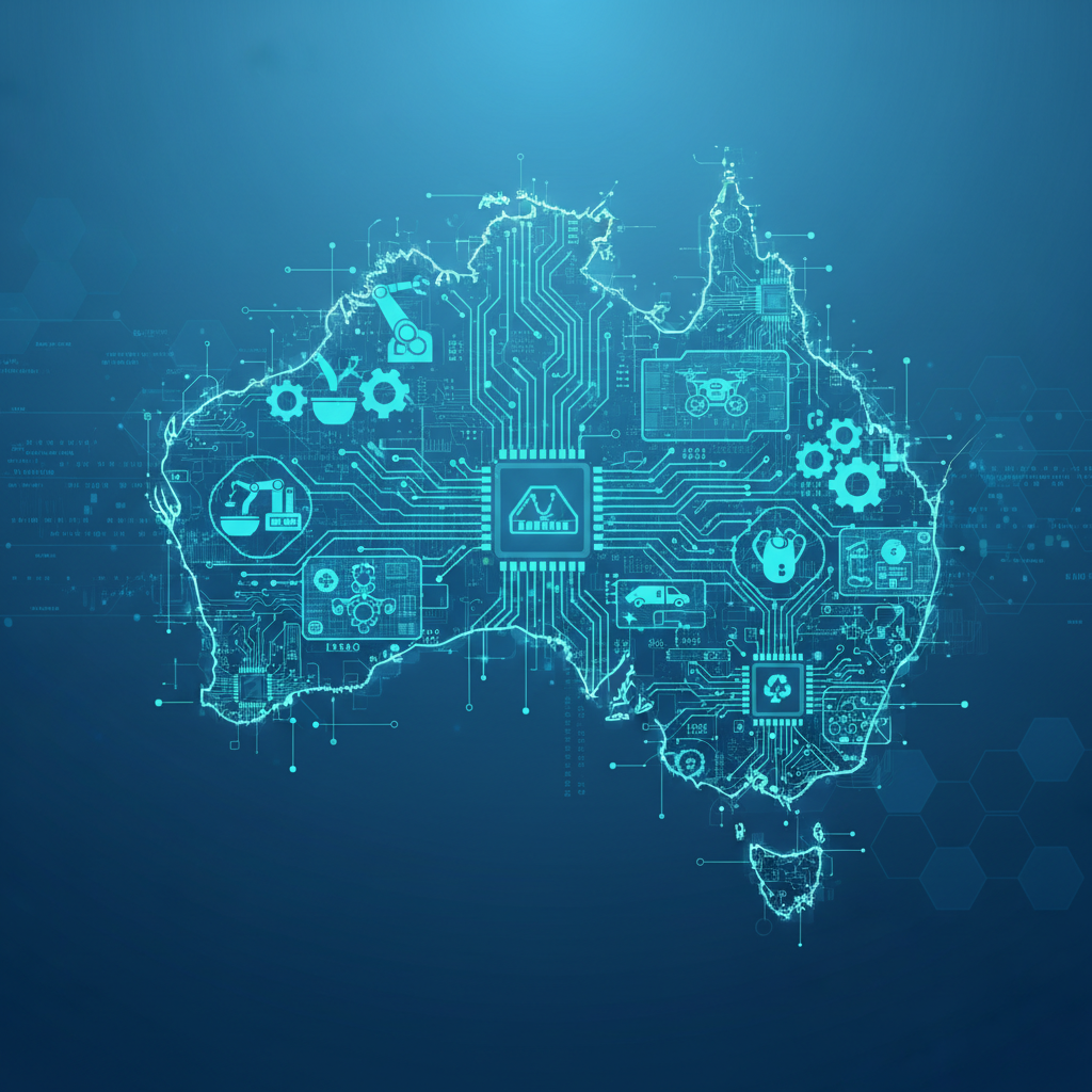 Map of Australia stylized innovative technology manufacturing icon