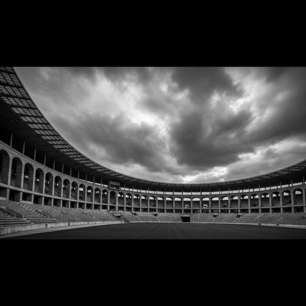 Wide angle shot of the Berlin Olympiastadion, monolithic stone architecture, empty stands, dramatic sky, high contrast black and white
