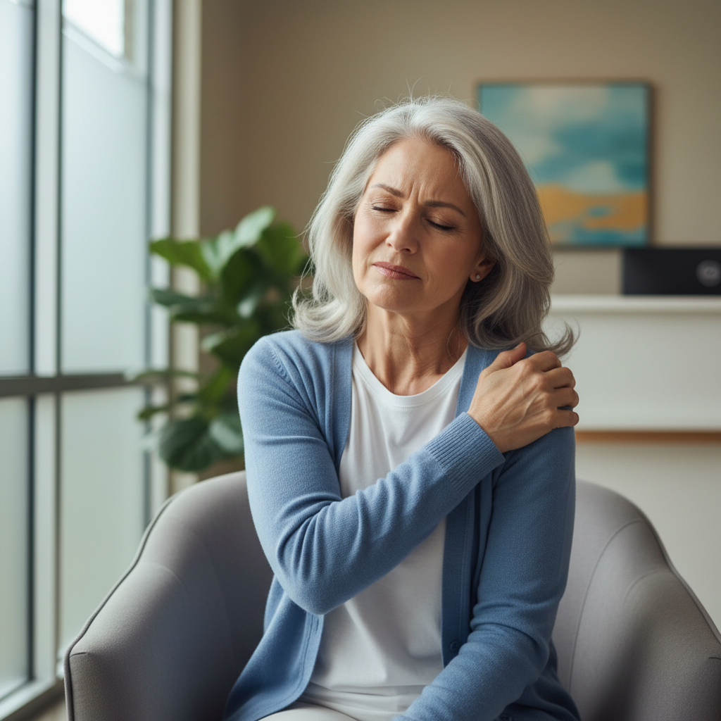 Cinematic shot of a 63-year-old woman holding her shoulder in discomfort, soft medical clinic lighting, realistic style, photorealistic, 8k
