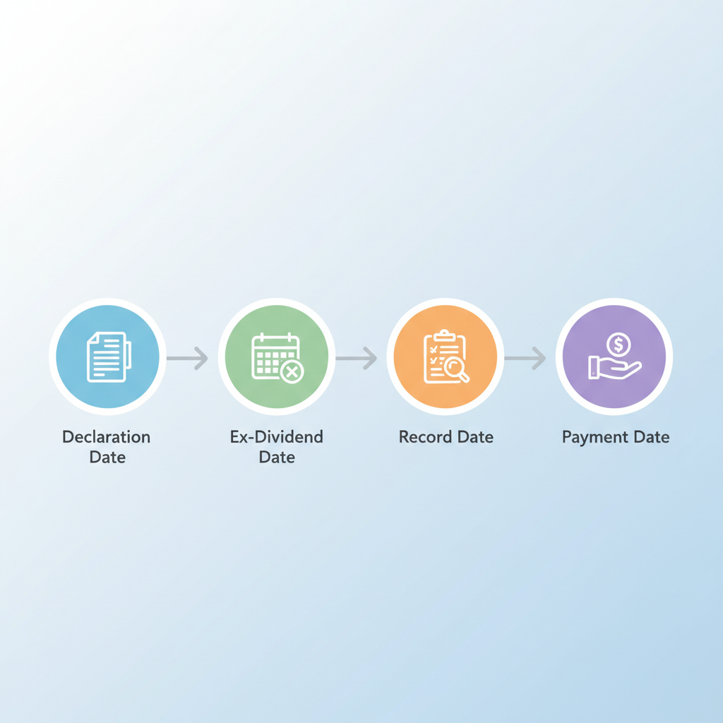 infographic style timeline illustration showing four steps: Declaration Date, Ex-Dividend Date, Record Date, Payment Date. Clean modern icons.