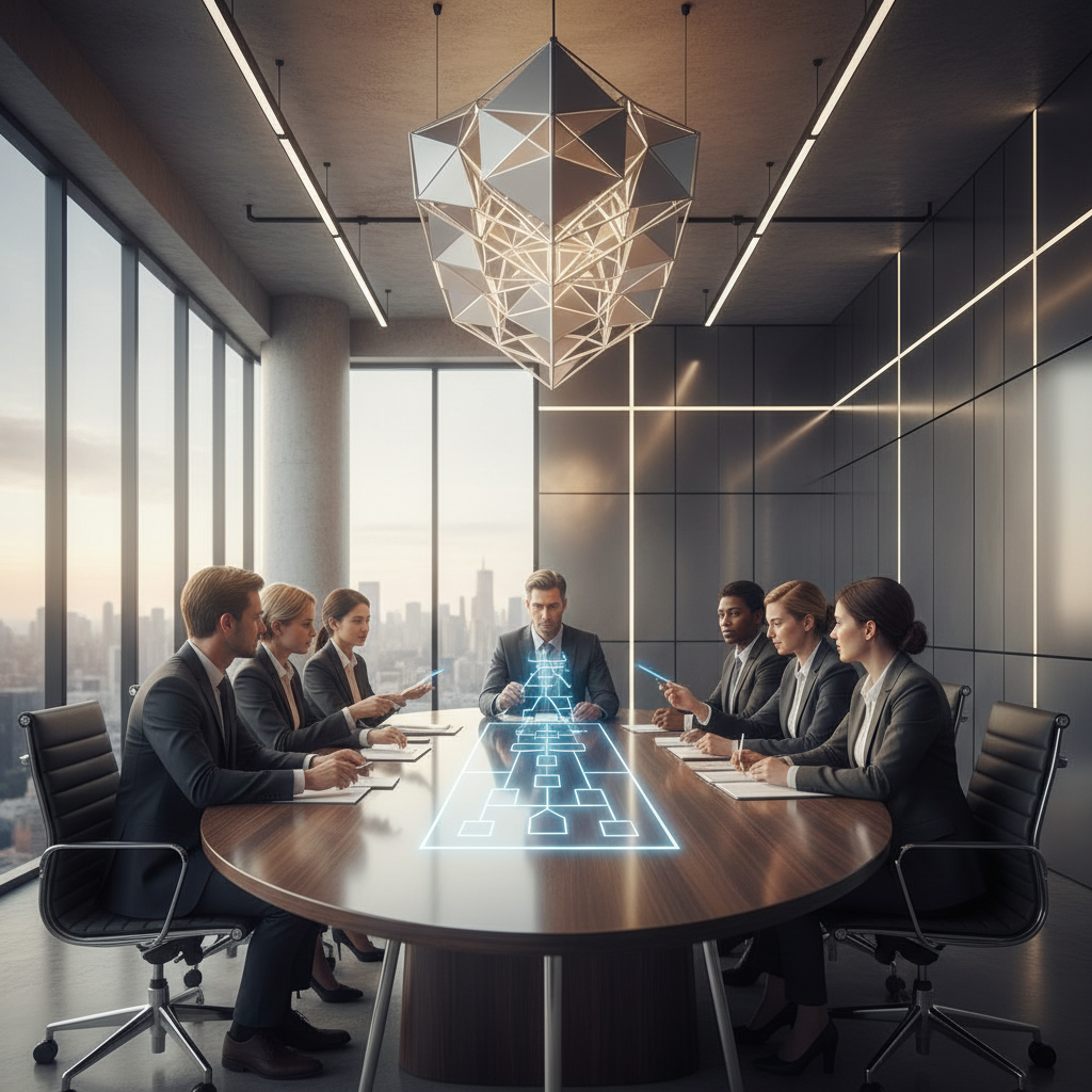 Business meeting in a modern office symbolizing decision making and structure, bright natural light, photorealistic