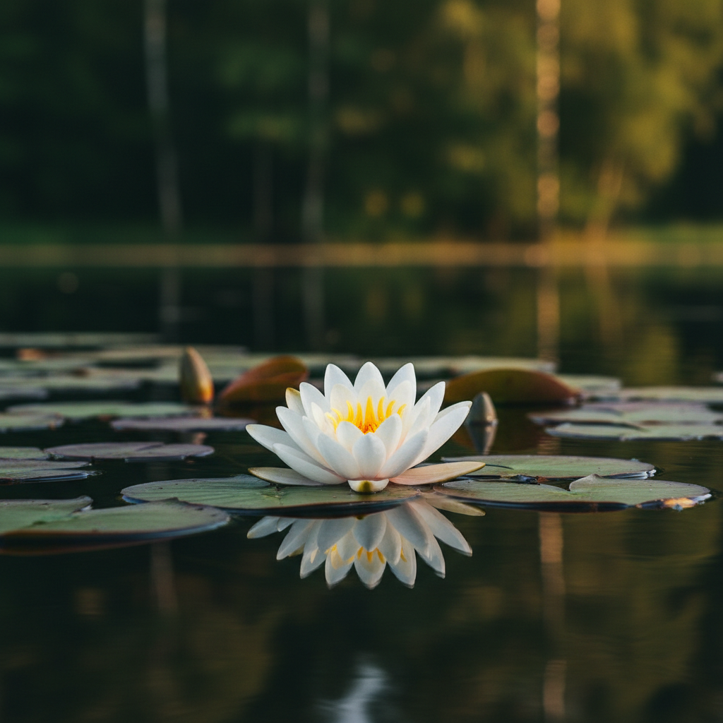 White water lily floating on a calm lake surface, realistic nature photography style