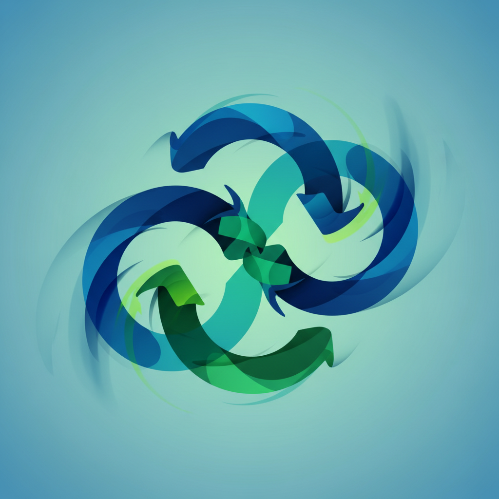 Abstract representation of circular feedback loops and iterative cycles, dynamic and flexible shapes, motion blur effect, blue and green colors.