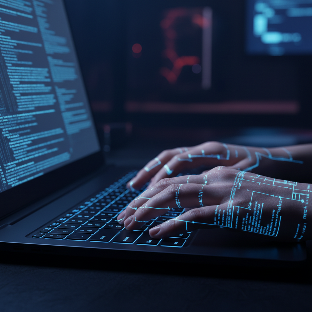 Close up photo of hands typing on laptop in a dark room with neon blue code reflections, deep focus, detail-oriented
