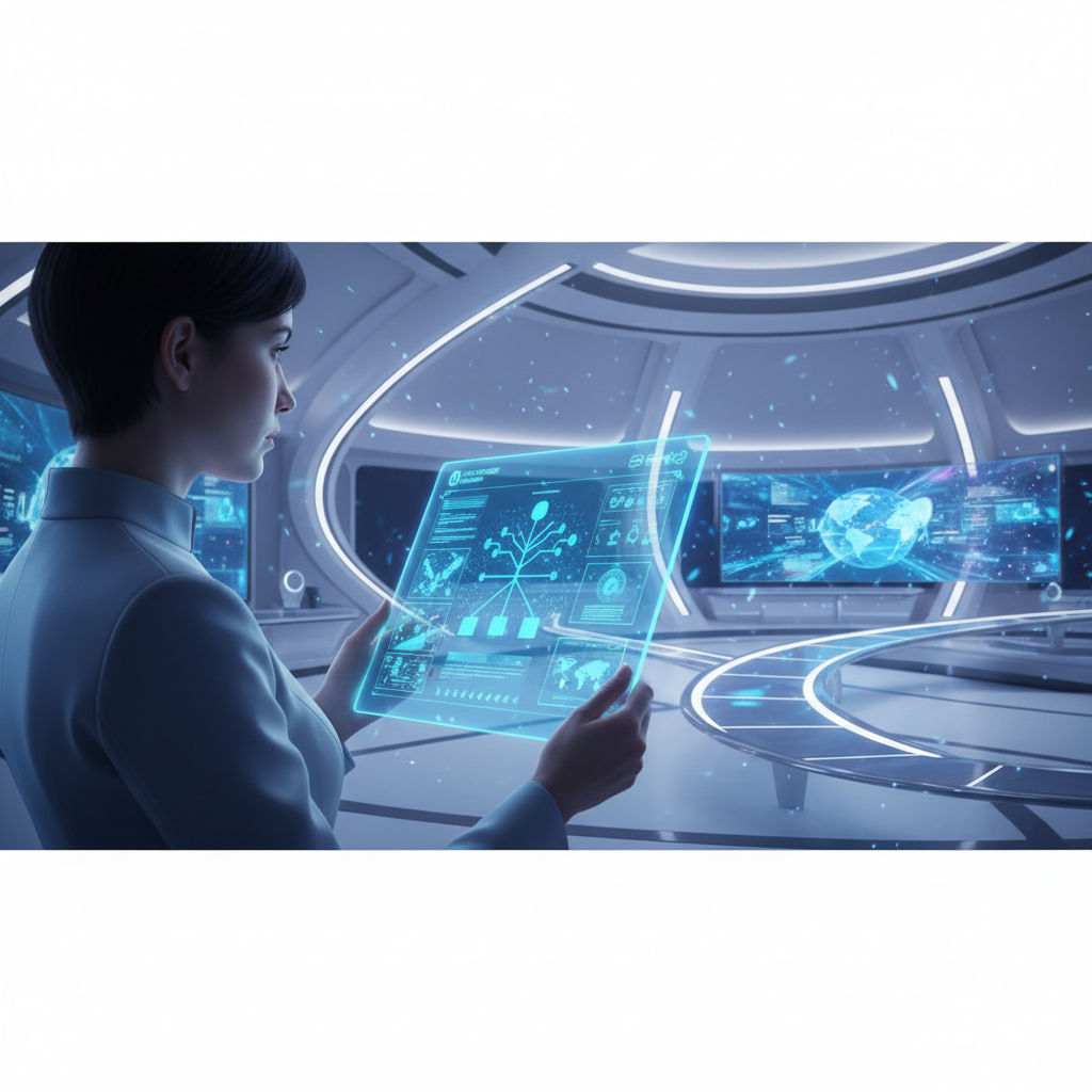 person using tablet for distance learning interface futuristic style