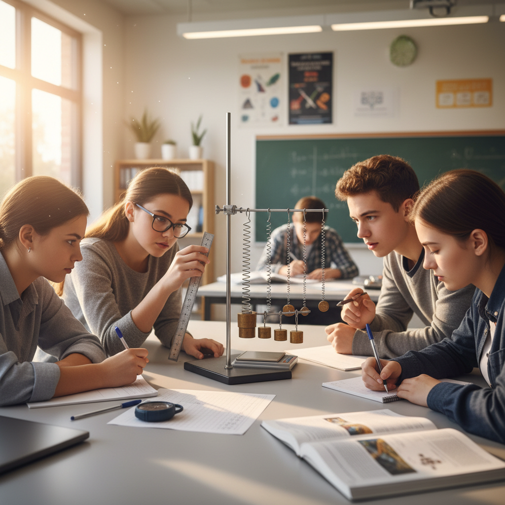 high school students conducting a physics experiment with springs and weights, focused learning environment, classroom, photorealistic