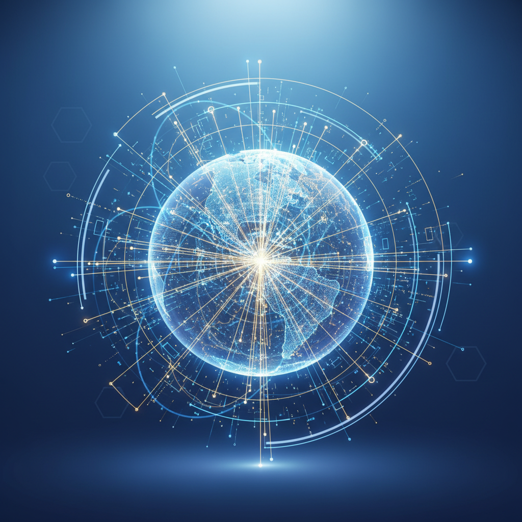 abstract concept of a glowing globe connected with digital lines representing global connectivity and excellence, studio lighting, minimal blue background