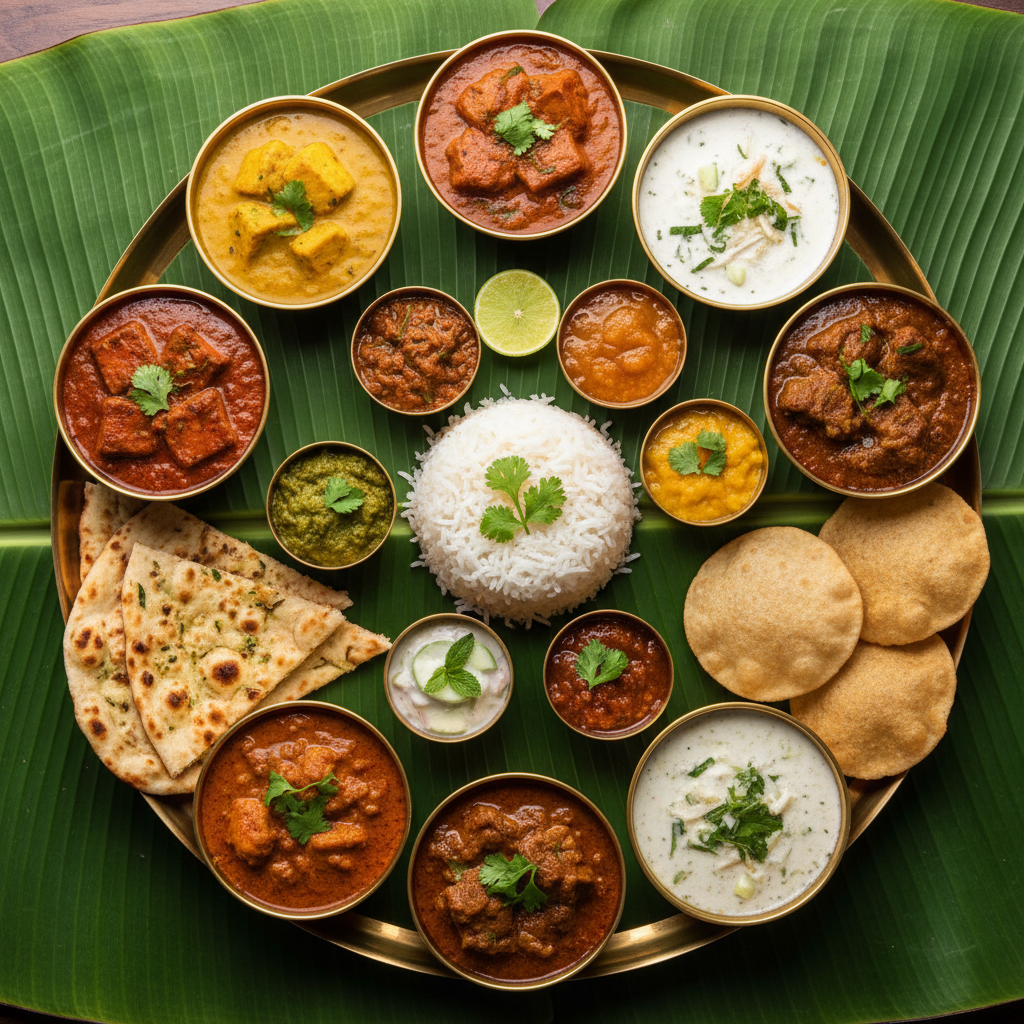 Top-down view of a luxurious Indian Thali feast on a banana leaf, vibrant colorful curries, naan bread, rice, artistic food photography