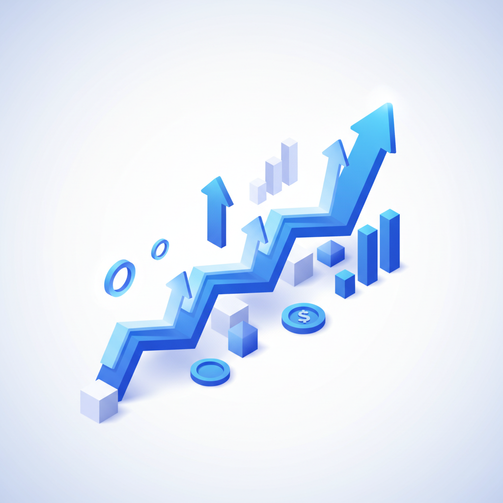 Minimalist 3D isometric illustration of financial growth timeline, arrows moving up, blue and white colors, bright clean background