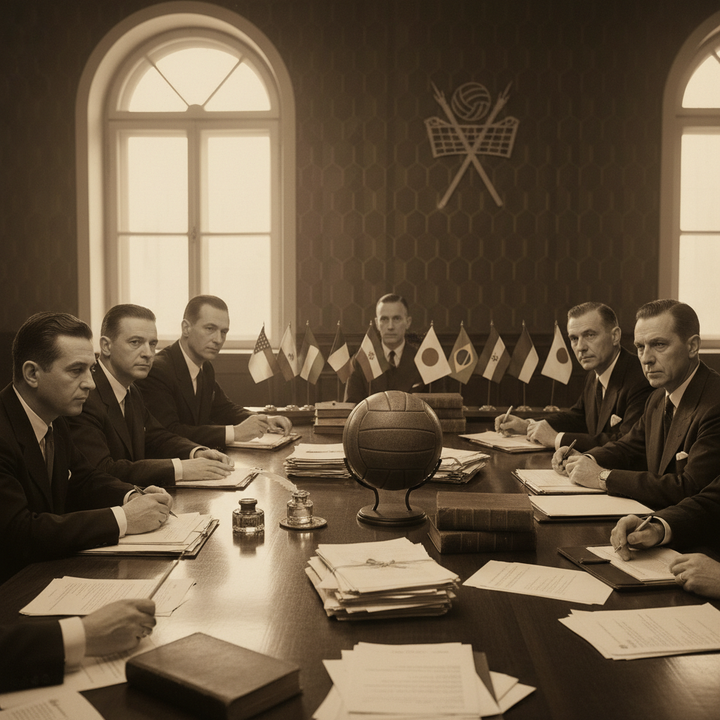 meeting of sports officials in 1947 retro style documents on table flags of different nations volleyball theme