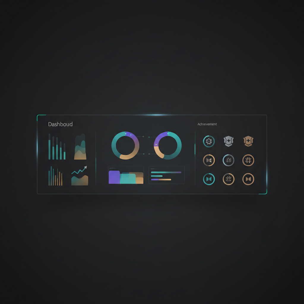modern clean user dashboard UI design, statistical charts, progress bars, achievement badges, dark mode interface, analytics screen