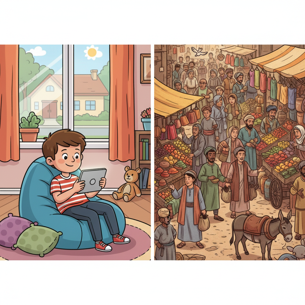 Split image comparison: Left side shows a cartoon child sitting comfortably at home with a tablet, Right side shows a crowded busy market scene. Clear contrast, bright colors.