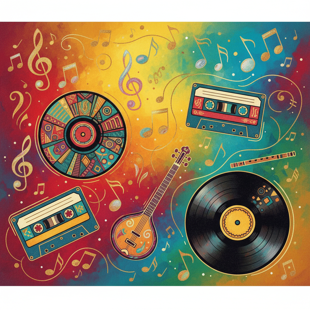 Vintage Bollywood music cassette and vinyl records collage with musical notes, retro colorful artistic style, golden era of music