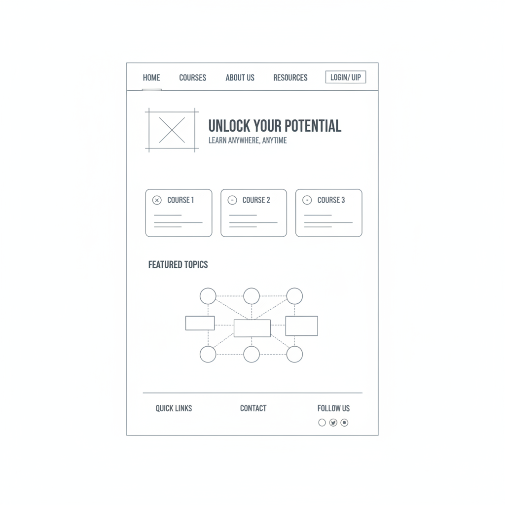 wireframe sketch of a clean educational website interface, blueprint style, slate grey lines on white