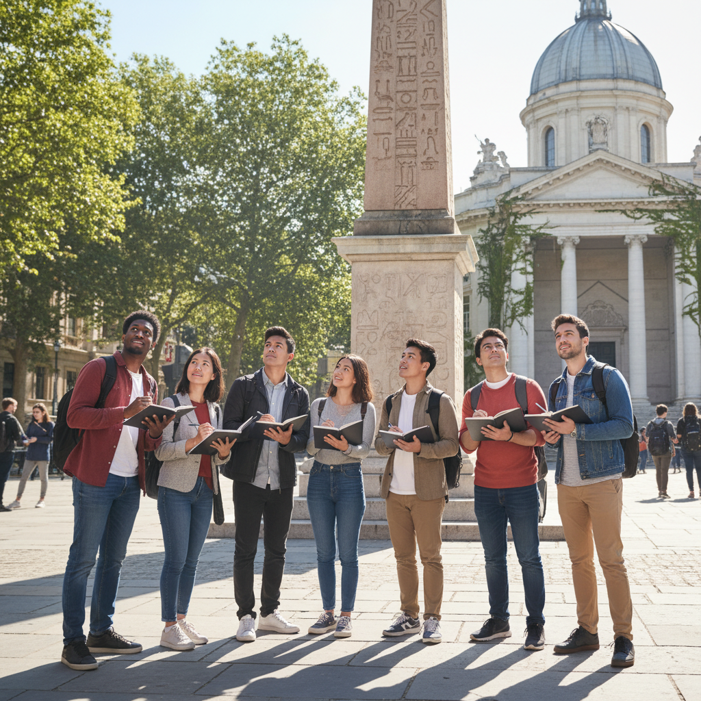 A group of diverse university students holding notebooks and looking at a historic monument, sunny day, realistic style, educational vibe