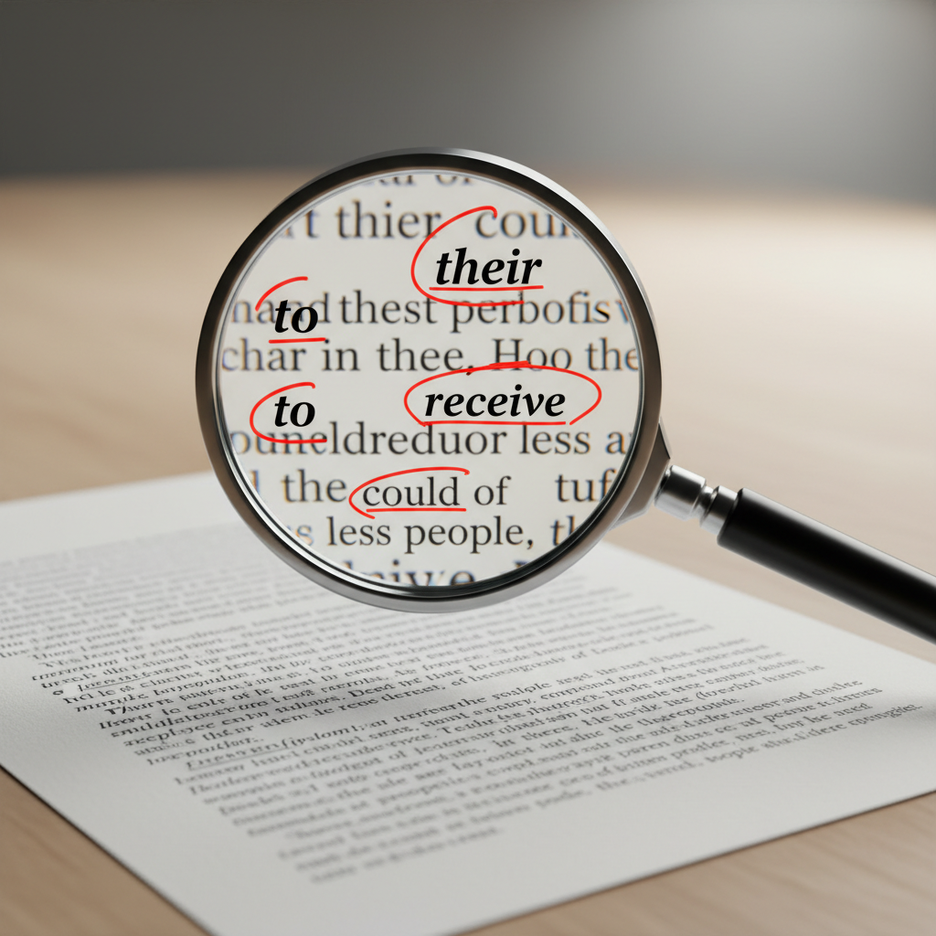 A magnifying glass hovering over printed text, highlighting grammar errors, stylized and clean.