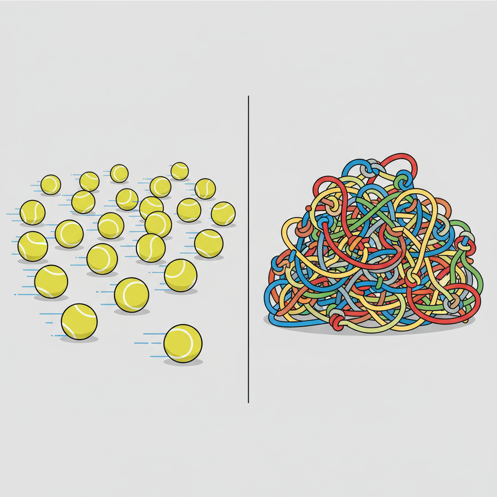 Split screen illustration: Left side shows many neat tennis balls rolling freely on floor. Right side shows a pile of tangled climbing ropes and knots. Minimalist vector infographic style.