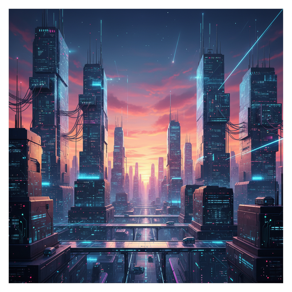 futuristic digital city skyline where buildings are made of data streams and server racks, beautiful sunset colors, cyber style