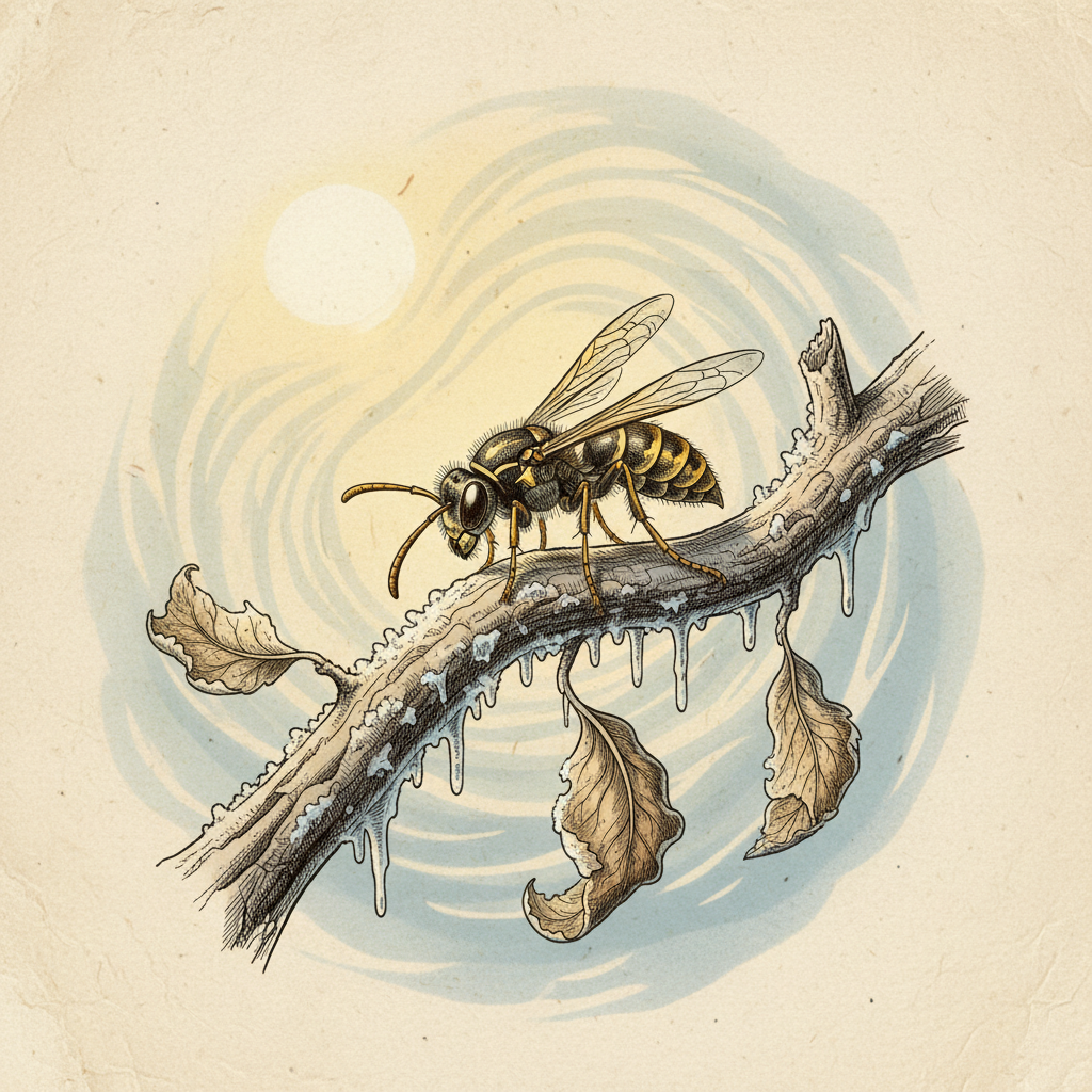 Vintage scientific botanical illustration of a wasp resting on a frosted wooden branch, detailed etching style, warm sunlight breaking through cold mist, parchment texture background