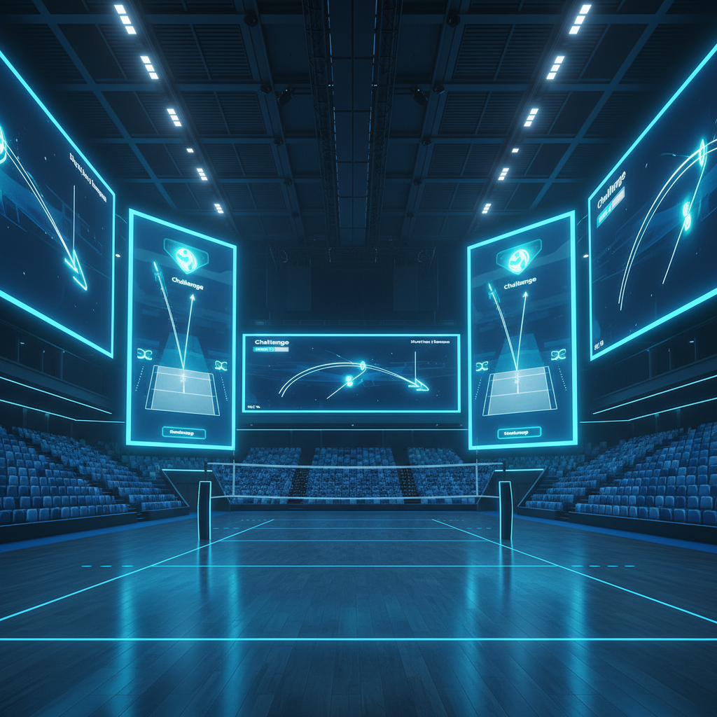 Modern volleyball court with huge digital screens showing a 'Challenge' replay, technological atmosphere, blue lighting