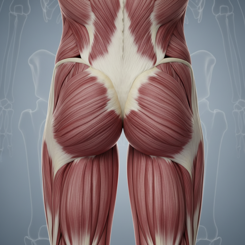 Posterior view of the thigh showing the Hamstrings group (Biceps femoris, Semitendinosus, Semimembranosus), detailed muscle strands, medical style