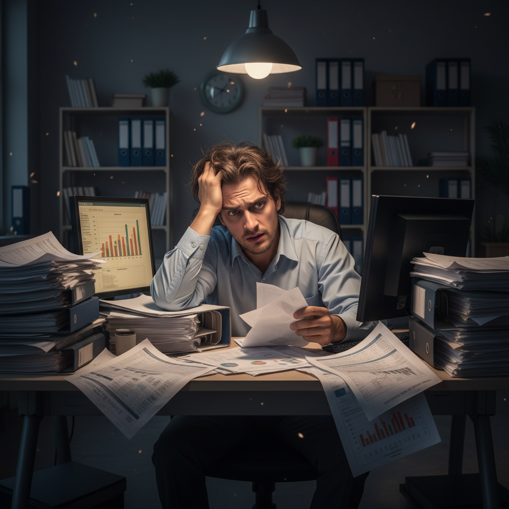 A stressed business analyst buried under piles of spreadhseets and paper in a dimly lit office, looking overwhelmed, cinematic lighting, photorealistic