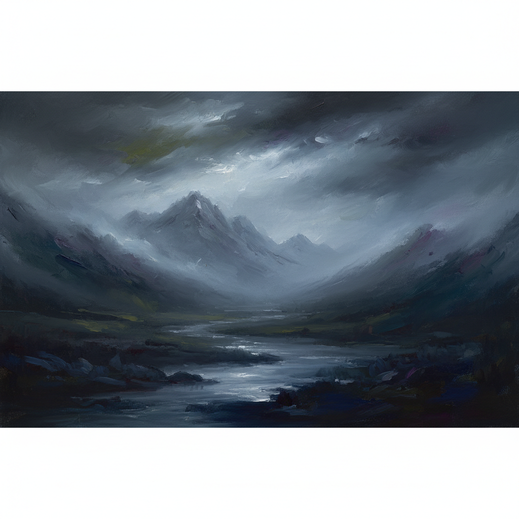 Abstract atmospheric background, misty landscape with a hint of a storm, romanticism style oil painting, dark moody colors, grey and deep blue tones