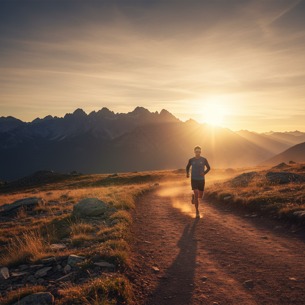 Cinematic wide shot of a solitary trail runner on a dirt path at sunrise, mountains in distance, heroic lighting, high resolution, earth tones