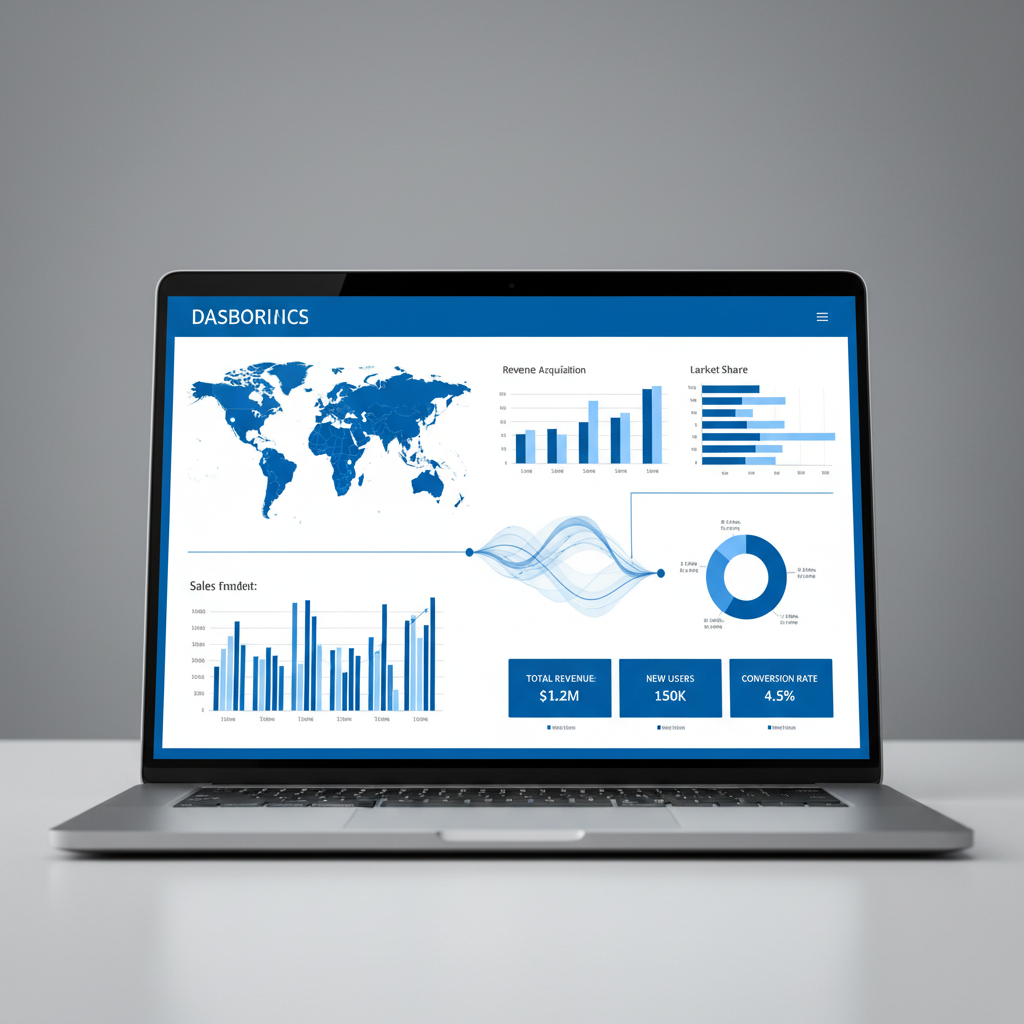 modern laptop screen displaying a business analytics dashboard with maps charts and data visualizations blue and white theme realistic