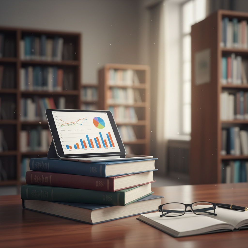 stack of academic books and a tablet with graphs on a library table, depth of field, focused, educational atmosphere