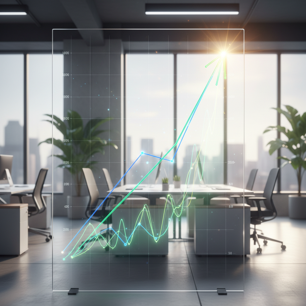 Chart or graph going upwards on a transparent glass screen, success, growth, positive outcome visualization, office background