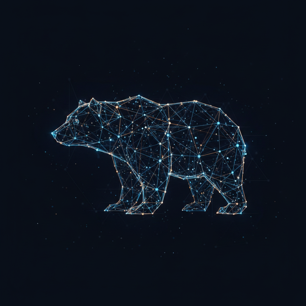 Abstract cinematic 3D render of a geometric bear outline formed by glowing digital constellations and fiber optic data lines, deep blue and amber neon lighting, dark background, 8k resolution, tech style