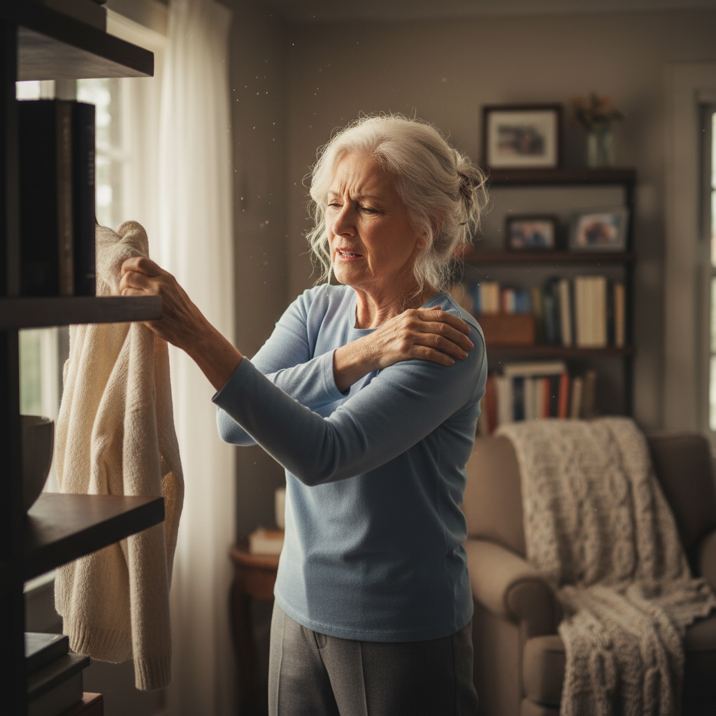 An older woman attempting to put on a cardigan or reach for an overhead shelf, wincing slightly in discomfort holding her shoulder, photorealistic style, soft indoor lighting.