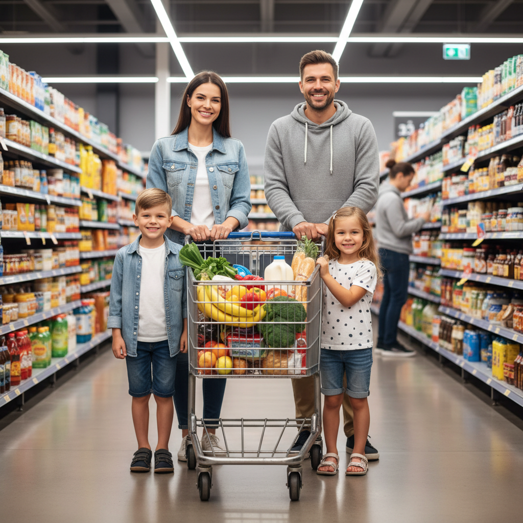 A modern family pushing a shopping cart full of groceries in a supermarket aisle, smiling, casual clothing, realistic