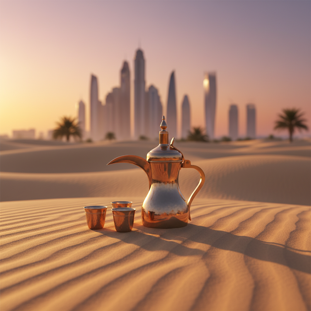 Cinematic shot of traditional Emirati coffee pot (Dallah) and cups on sand dunes at sunset, blurred modern Dubai skyline in background, warm golden lighting, high quality photography